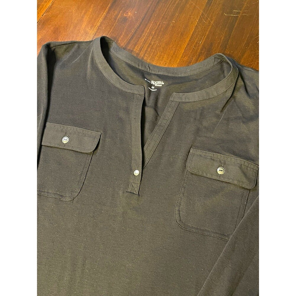 Kim Rogers Black Cotton Knit Henley Top 3/4 Sleeve Pockets Plus 2X